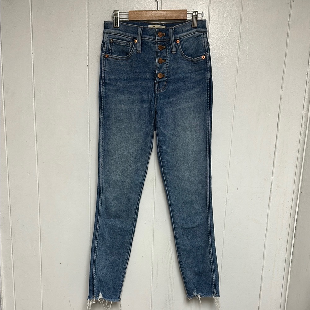 Madewell 10” High Rise Skinny Jeans Blue Medium Wash Button Fly Raw Hem Size 25